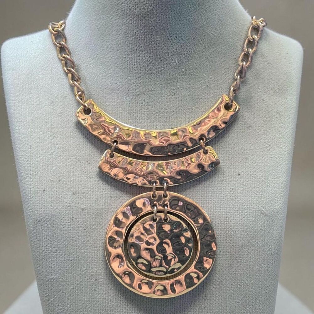 Hammered Gold Tone Statement Necklace, Layered Geometric Pendant, Boho Jewelry